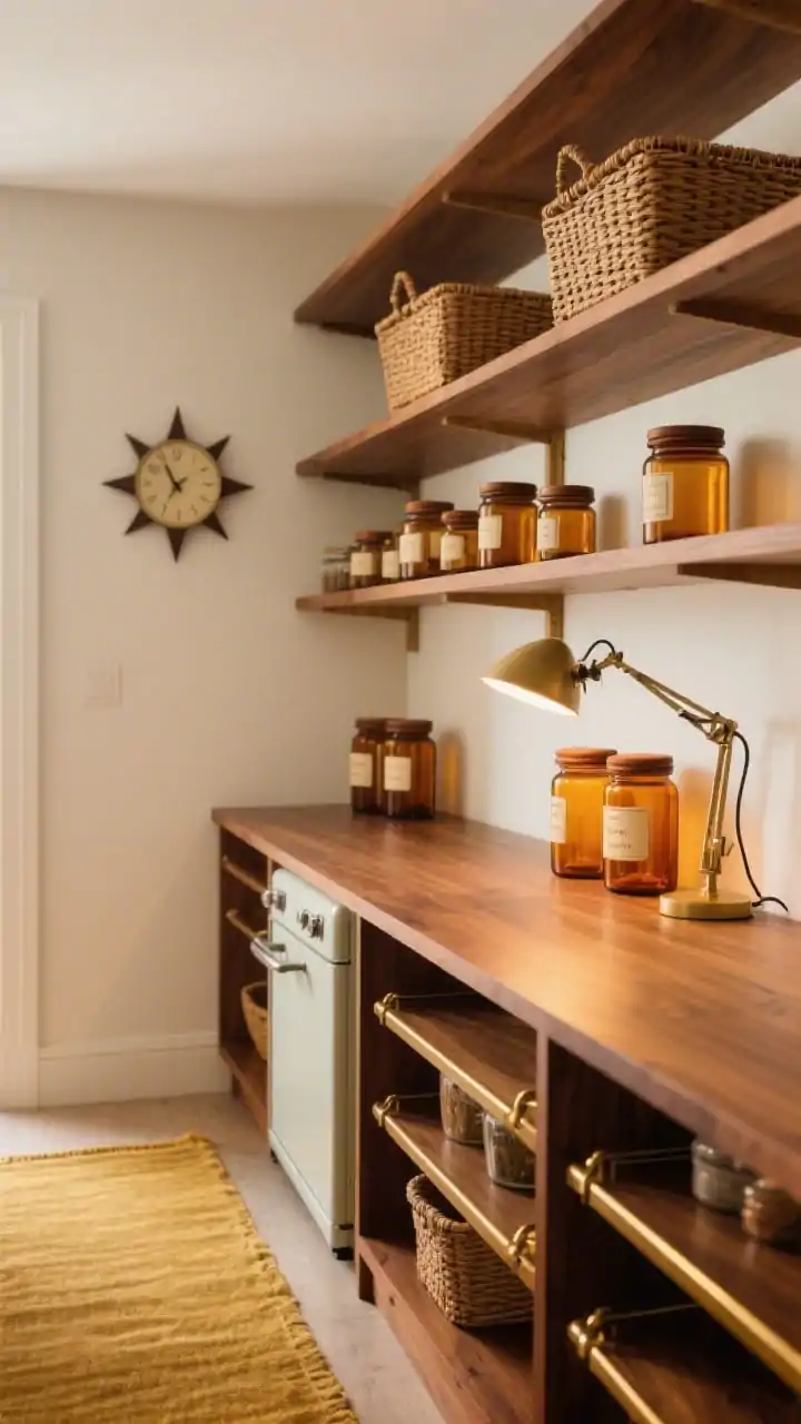 Wide shot, three-quarter angle: Mid-century warm pantry with walnut shelves, a golden-hued runner, and a vintage starburst clock on the wall; amber glass jars with walnut lids and cream labels arranged on slimmer upper shelves; cane-front baskets on wider lower shelves designed for appliances; narrow brass rails along each shelf keeping items aligned; a vintage-style task lamp clipped to a shelf casting warm light; color palette of walnut, brass, and warm amber; photorealistic.