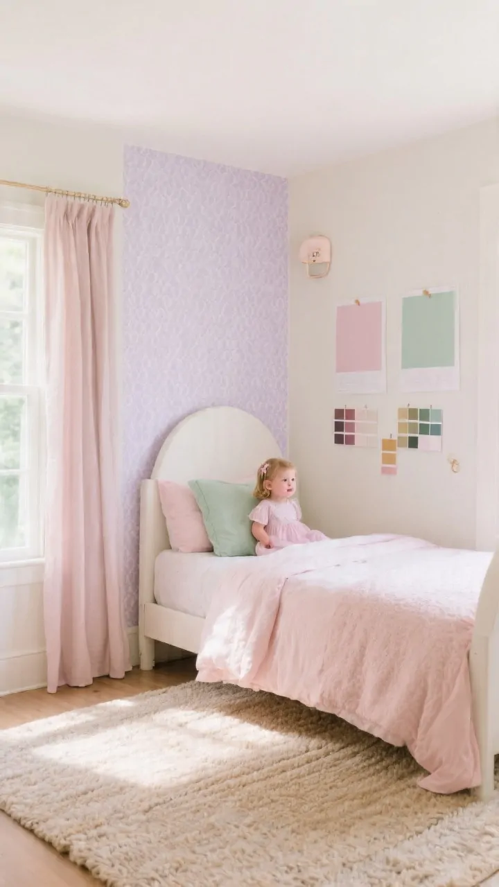 Wide shot, toddler girl bedroom focused on a soothing color story: walls in warm creamy white with a single removable wallpaper accent wall in subtle dusty lilac pattern, decor layered in soft blush and sage accents, tonal blush bedding and curtains, oat-colored area rug, natural daylight streaming in to show how colors shift; paint swatches on poster boards taped to different walls; minimal decor, intentional palette with two main colors (blush and sage) and one accent (dusty lilac), calm and cohesive mood, photorealistic.