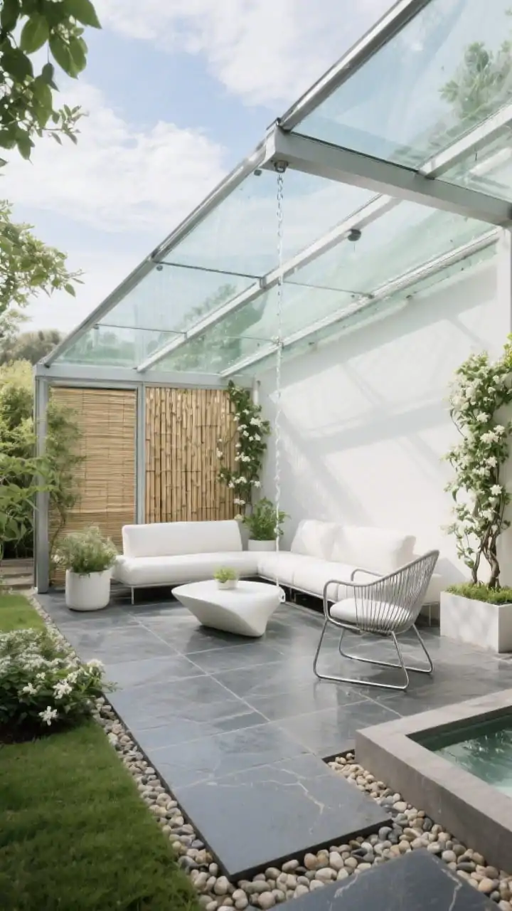 Wide shot, transparent glass canopy with trellised sides: Tempered glass roof extension with slimline brushed aluminum braces keeping rain off while revealing sky; western edge fitted with adjustable bamboo screens for sun control; slate tile floor grounding the space; sculptural white sofa set with minimal planters and a sculptural side chair; steel cable trellises along the sides with ivy and jasmine climbing, softening edges; pebble-filled borders and a discreet basin receiving water from a hidden rain chain; palette of cloud white, slate, fresh green, brushed aluminum; luminous, serene daylight; photorealistic, no people, overhead-leaning angle showing canopy transparency.