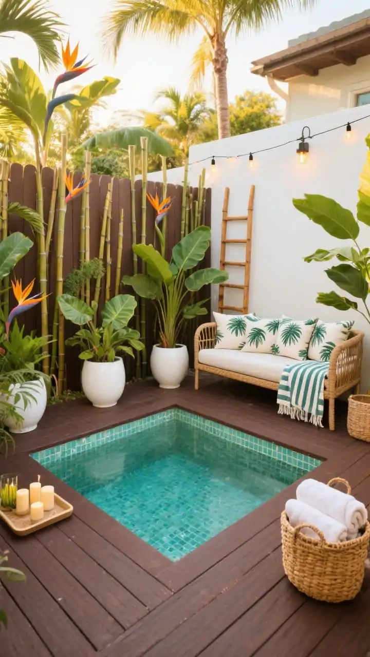 Wide shot, tropical courtyard plunge with privacy: a small square plunge pool clad in aqua mosaic tile that reads like lagoon water, encircled by chocolate-brown decking. Fence line densely planted with clumping bamboo for leafy screening; layers of bird-of-paradise, philodendron ‘Xanadu’, and potted majesty palms in white fiberglass planters. A rattan daybed with waterproof cushions piled with palm-print pillows and a striped beach throw. Warm string lights overhead and subtle stake lights in planters; accessories include a tray with citronella candles, woven baskets for towels, and a teak ladder rack. Sun-warmed vacation vibe, golden-hour glow, no people.