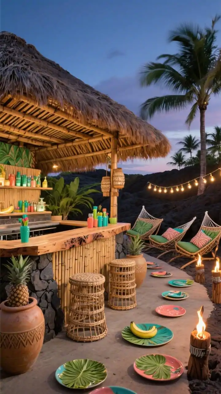 Wide shot, Tropical Tiki Grill Hideaway at twilight: a thatch-style bar canopy (or slatted bamboo pergola) over a volcanic stone grill base; bar fronts wrapped in bamboo reed panels, topped with a live-edge acacia counter; rattan barrel stools and two hammock chairs; oversized ceramic pots with leafy palms; banana-leaf cushions, pineapple string lights, and tiki torches lining the pathway; tropical melamine plates and color-pop barware arranged on the bar; palette of emerald, teal, coral, natural wood; photorealistic, festive island vibe.