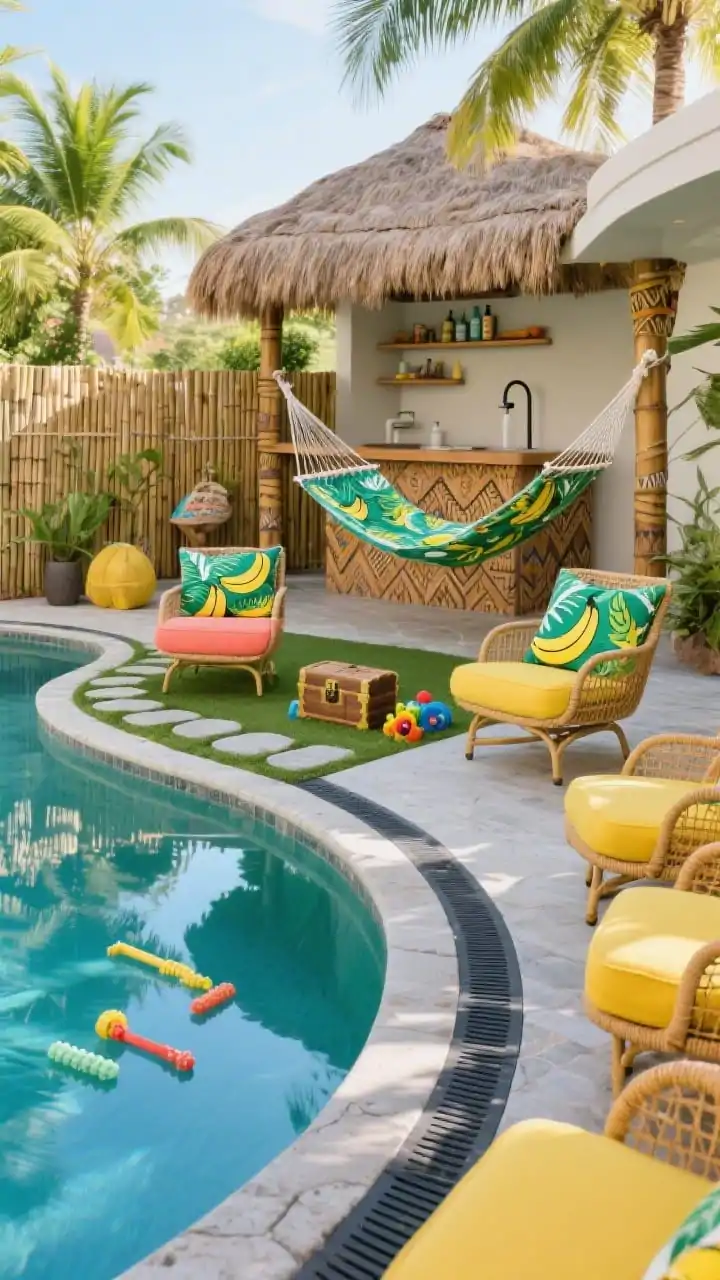 Wide shot, tropical tiki retreat under bright, vacation-style daylight: curvy glossy pool ringed by rubberized stone-look mats; perimeter wrapped in bamboo fencing and a thatch-roof tiki bar with shelves. Rattan swivel chairs facing the water, bold banana-leaf prints on cushions, a statement hammock in UV-stable rope stretched between posts. Zip-off machine-washable cushion covers in emerald, coral, and sunny yellow scattered across seating. Discreet outdoor rinse station behind the bar with a handheld sprayer and shampoo shelf; a turf play patch framed by stepping stones nearby with a chest of toys and floating fetch sticks open; lush, playful vibe, photorealistic.