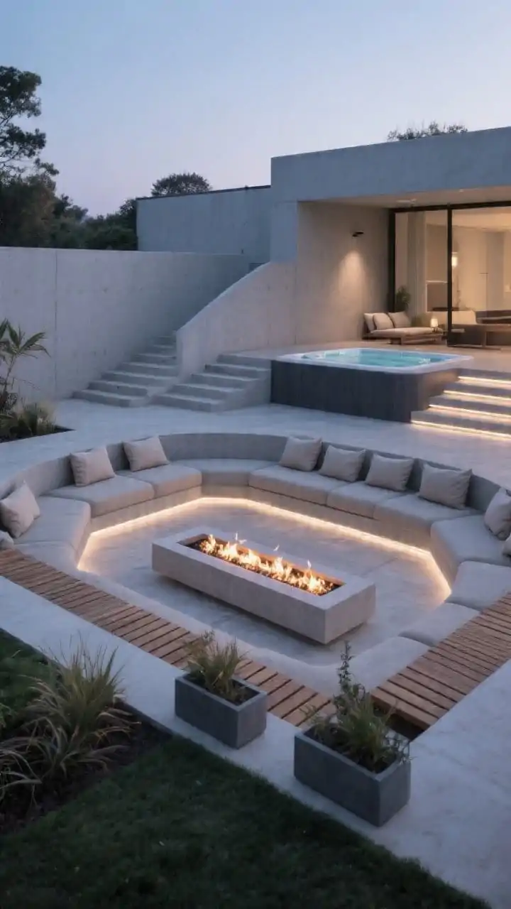 Wide shot, twilight: A modern sunken backyard lounge with smooth light-gray concrete walls, curved tiered steps leading down to an intimate seating pit, and floating steps up to a nearby hot tub. Low-profile neutral cushions line built-in L-shaped wood-slat benches wrapping the perimeter. A long linear rectangular gas fire pit runs centrally, casting even flames. Hidden LED strips glow under steps and bench edges for moody, glare-free lighting. Minimalist planters at ground level; wind-protected, resort-like vibe, no people.