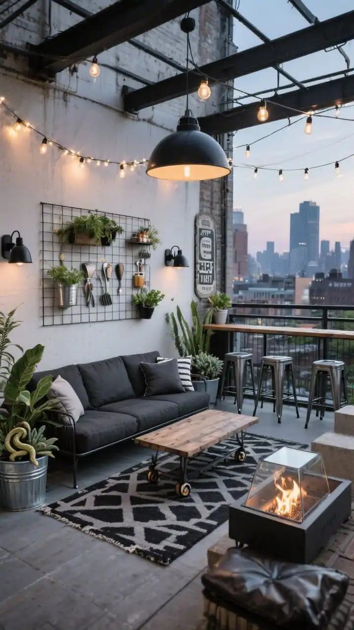 Wide shot, urban balcony perspective: An industrial-edge loft patio with a powder-coated black metal sofa with charcoal cushions, a reclaimed-wood coffee table on casters, and a geometric black-and-gray rug tying it together. Galvanized planters filled with snake plants and succulents line the perimeter. A wall-mounted grid panel displays hanging herbs, bar tools, and a strand of string lights. Matte black sconces and a statement dome pendant provide layered lighting, with exposed-bulb string lights crisscrossing overhead. Tolix-style metal chairs flank a narrow bar-height table facing city views. Concrete stools, leather-look outdoor pillows, vintage-style signage, and a rectangular fire table with a glass wind guard. Twilight ambiance, photorealistic.