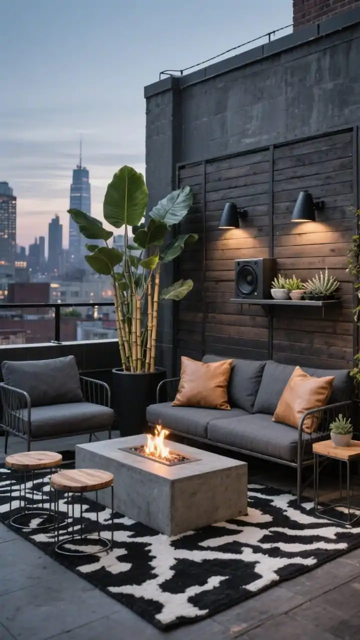 Wide shot, Urban Industrial Loft Terrace: charcoal metal sectional with slate cushions facing a rectangular concrete fire table; backdrop of a slatted wood privacy wall with mounted matte-black sconces casting moody light; black-and-ivory graphic rug under the seating; camel leather-look outdoor pillows for contrast; tall fiddle-leaf fig and bamboo in black planters adding height; nesting metal-and-wood side tables; wall-mounted outdoor speaker and a steel shelf with succulents; sleek, industrial palette; rooftop skyline hinted in distance; evening setting, straight-on.