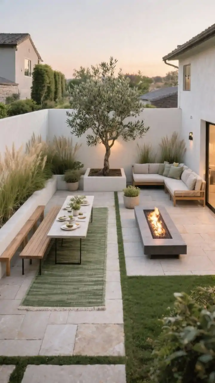 Wide small-patio layout showcasing defined zones: a bench dining setup on a runner rug, slender table and benches along one side; a lounging nook opposite; and a rectangular gas fire table placed on the diagonal as the focal point. Planters with tall grasses and an olive tree subtly divide areas without walls. Clear 36-inch walkways visible between zones. Early evening light, neutral stone pavers, soft greens, and natural wood tones. Overhead three-quarter view to show flow, photorealistic.