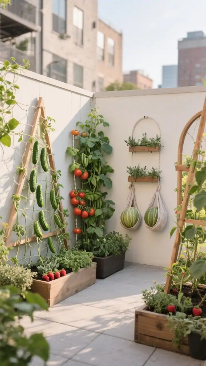 Wide, straight-on exterior shot of a compact patio garden showcasing a vertical veggie wall: a mix of A-frame and narrow arched trellises on the north side with pole beans and snap peas climbing netting, cucumbers trained up a sturdy trellis, indeterminate tomatoes neatly string-trained, and two small melons supported in fabric slings. Integrate wall-mounted planters filled with thyme, oregano, and strawberries creating edible art. Keep a clear pathway between structures. Soft late-afternoon light casting gentle shadows, clean lines, urban backdrop, no people.