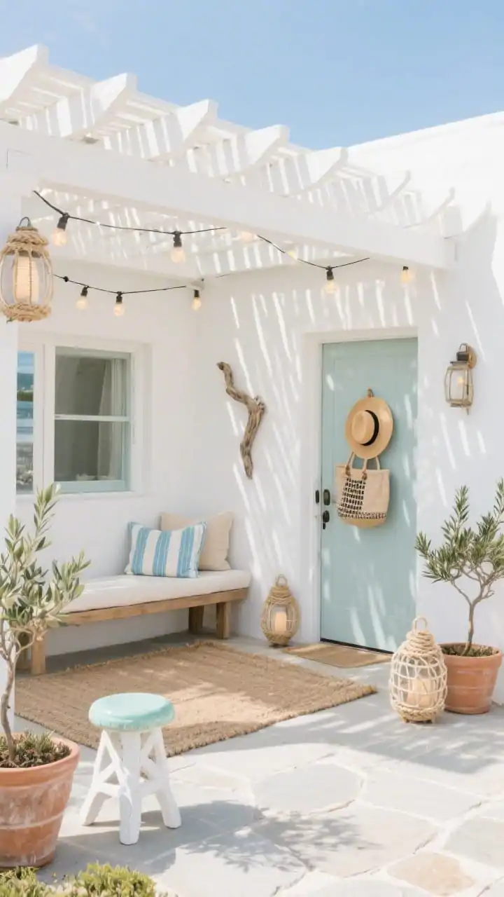Wide, straight-on exterior shot of a crisp white pergola with angled slats casting soft striped shadows over a pale stone front patio; low-profile teak bench with soft blue and sandy beige textiles, striped lumbar pillows; woven jute outdoor rug; seafoam ceramic garden stool; white-finished terracotta planters with dwarf olive trees and trailing rosemary; rope-wrapped lanterns and warm LED string lights draped loosely; driftwood wall hook by the front door holding a sunhat and market tote; bright coastal daylight, clean seaside vibe, no people, photorealistic.