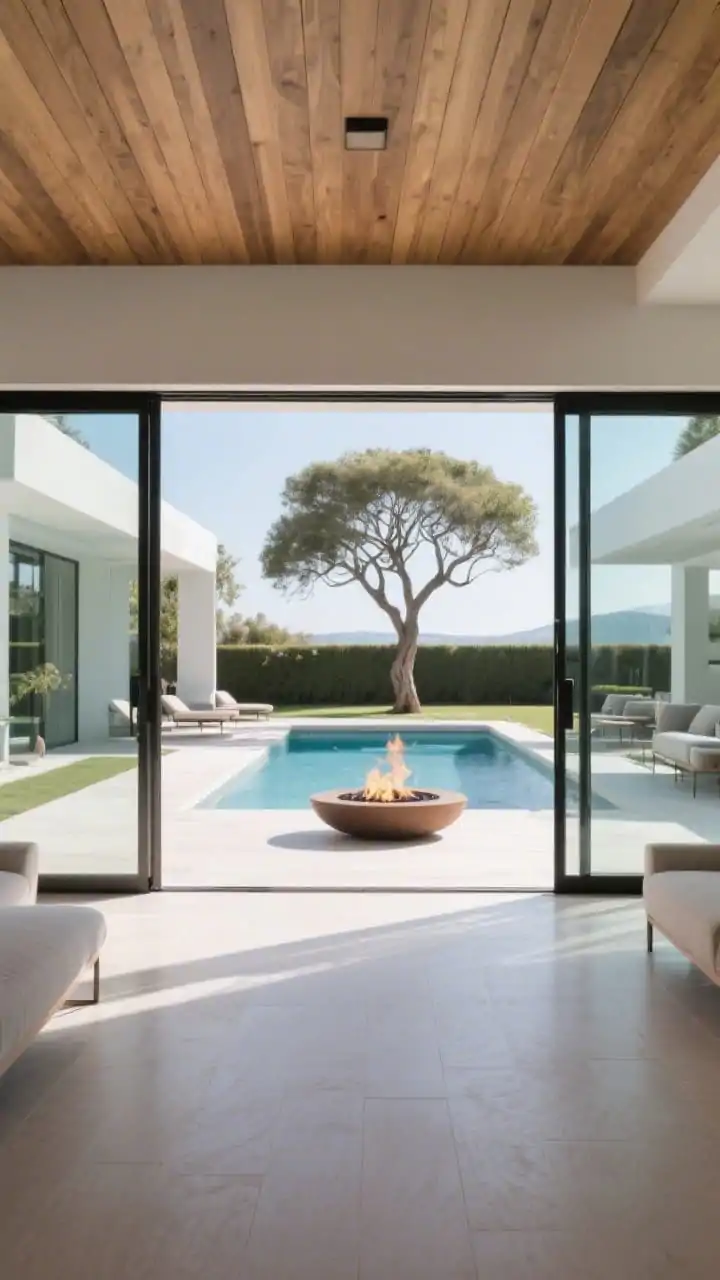 Wide, straight-on interior-to-exterior view through large sliding doors aligning directly with a modern pool for postcard sightlines. Match interior and exterior flooring tones for floor continuity, extend indoor ceiling wood slats to the patio soffit, and maintain a clear visual axis framing a sculptural tree and low-profile fire pit outdoors. Keep furniture low-profile to preserve views. Bright daytime natural light, crisp modern lines. No people.