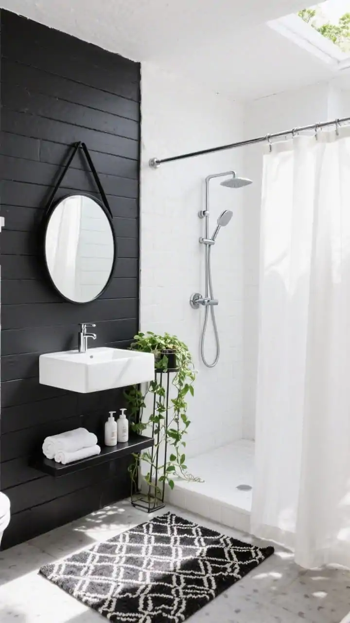 Wide, straight-on shot, modern black-and-white courtyard bath: board-and-batten wall painted deep charcoal paired with a crisp white stucco accent wall; a budget-friendly square chrome shower set centered; geometric black-and-white outdoor rug on the floor; floating black shelves with rolled white towels and matte pump bottles; round black-framed mirror breaking up vertical lines; freestanding metal plant stand with trailing ivy softening edges; white canvas privacy curtains on a DIY conduit rod; strong natural daylight with clean shadows; palette of black, white, chrome, pops of emerald; graphic, minimalist; photorealistic, no people.