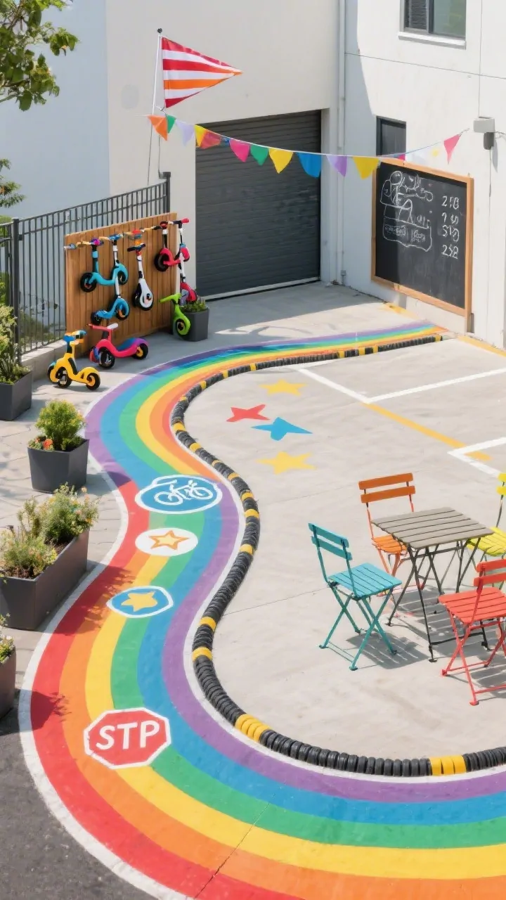 Wide straight-on shot of a courtyard turned rainbow bike track: a painted looped track around planters on a charcoal base with curved lanes in bold rainbow stripes (red, orange, yellow, green, blue); playful icons stars, arrows, stop signs on the surface; rubber bumpers lining the perimeter; compact parking bay with a wooden rack holding scooters and balance bikes; a garage-style chalkboard mounted on the fence showing lap counts; a striped windsock fluttering like a finish-line flag; foldable metal bistro set in primary colors on the sideline; bright daylight, crisp colors, photorealistic.