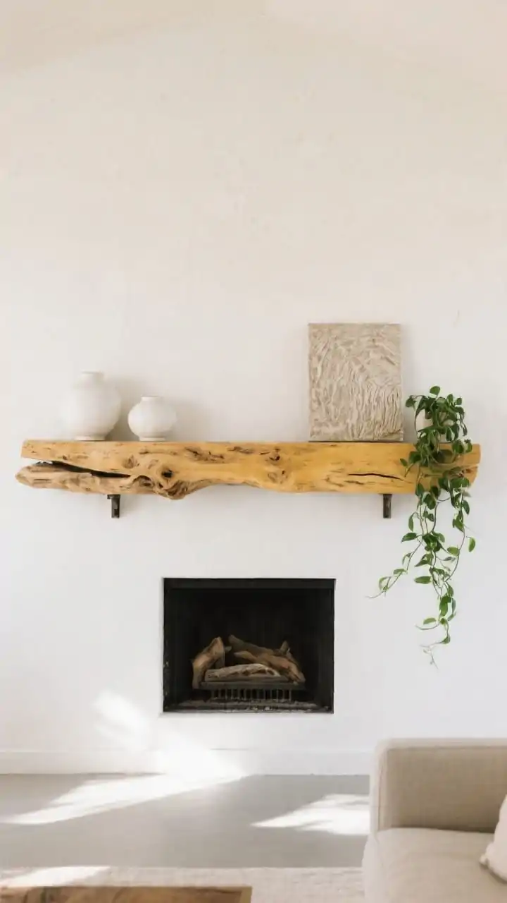 Wide, straight-on shot of a living room focal wall featuring a chunky driftwood mantel as a floating shelf on white plaster walls; the mantel is a sun-bleached, sculptural slab 4–6 inches thick mounted with hidden brackets. Minimal styling: two handmade white ceramic vessels, a trailing pothos plant cascading off one side, and one textured art piece in neutral tones leaning above. Soft natural daylight, sun-kissed wood with subtle limewashed/whitewashed finish to mute yellow undertones; palette of white, sand, warm gray, and soft black accents, negative space emphasized.
