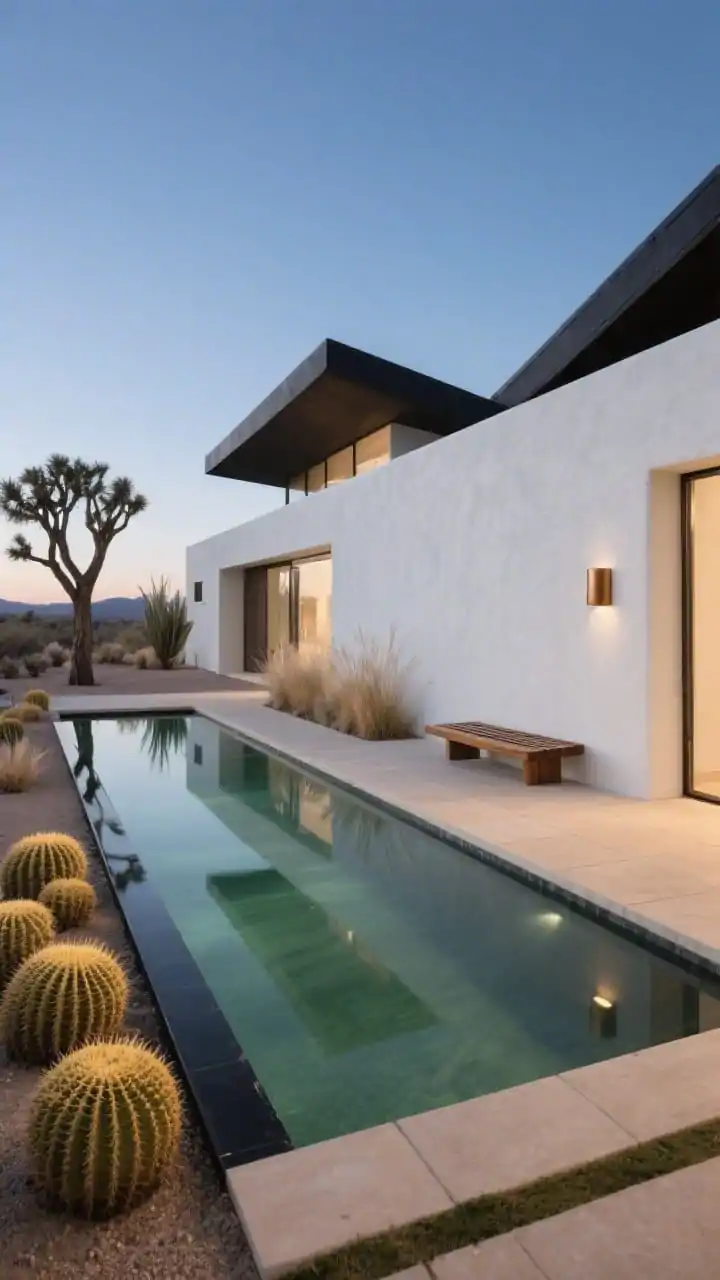 Wide, straight-on twilight shot of a modern desert home: a long, shallow reflection pool runs parallel to a crisp bone-white smooth-stucco façade, mirroring angular rooflines and the evening sky. The pool edge is thin blackened steel with sand-colored honed concrete pavers. Minimalist landscaping includes clusters of golden barrel cacti, wispy desert grasses, and one sculptural Joshua tree-style yucca. Add a low slatted wood bench and a warm bronze wall sconce casting a soft glow. Palette: bone white, charcoal, bronze, sage green. Vibe: calm, architectural, art-gallery-meets-oasis. Photorealistic, no people.