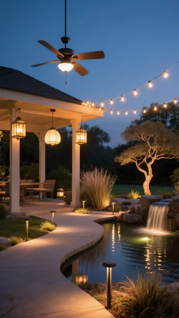 Wide twilight scene: layered outdoor lighting for nighttime zen. In the gazebo, a dimmable pendant and lanterns provide a warm ambient glow; overhead, a ceiling fan light on low. Along the curving path, down-facing stake lights create gentle pools of light without glare. On the pond, submersible LEDs shimmer beneath the waterfall, while small spotlights uplight ornamental grasses and a sculptural tree. Warm-toned bulbs throughout; a string of cafe lights draped across a beam adds cozy sparkle. Photorealistic, cinematic glow.