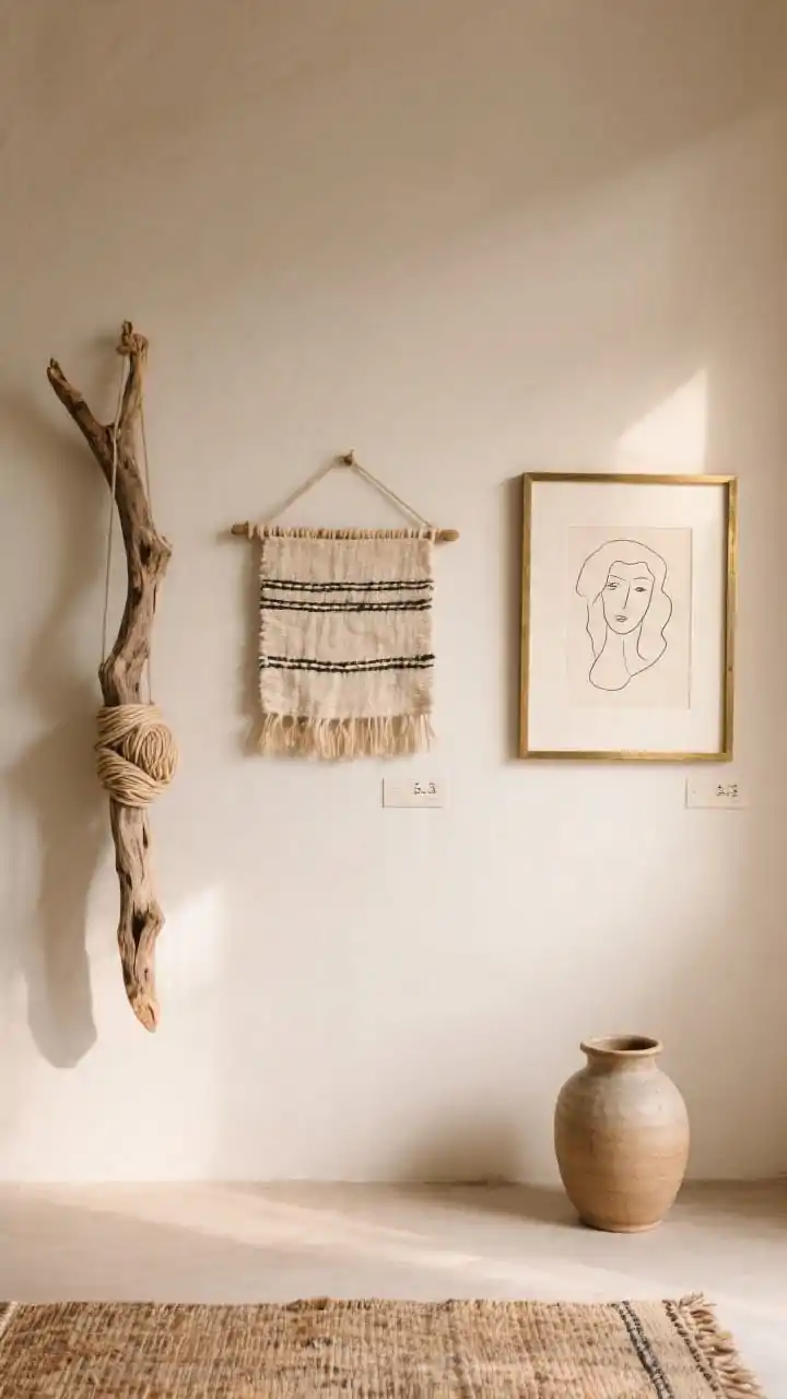 Wide wall shot, straight-on: A curated boho gallery composition following the rule of three one organic driftwood hanging, one small woven rug (mini wall textile), and one framed line drawing. Spacing of 2–3 inches between items ensures breathing room. Palette pulls a hue from the textile and echoes it as a tiny yarn wrap on the driftwood. Materials include linen, jute, ceramic, brushed brass frame; warm ambient lighting enhances textures; no people.