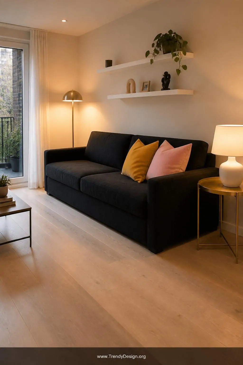 Photorealistic wide-angle interior photography of a compact living room with a sleek black fabric sofa pushed flush against a