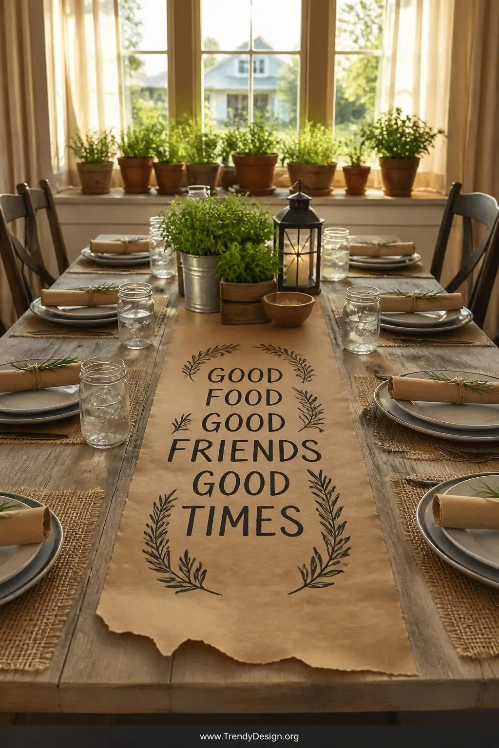 A wide-shot photorealistic interior of a long farmhouse dining table set for a casual backyard barbecue, centered with an unr