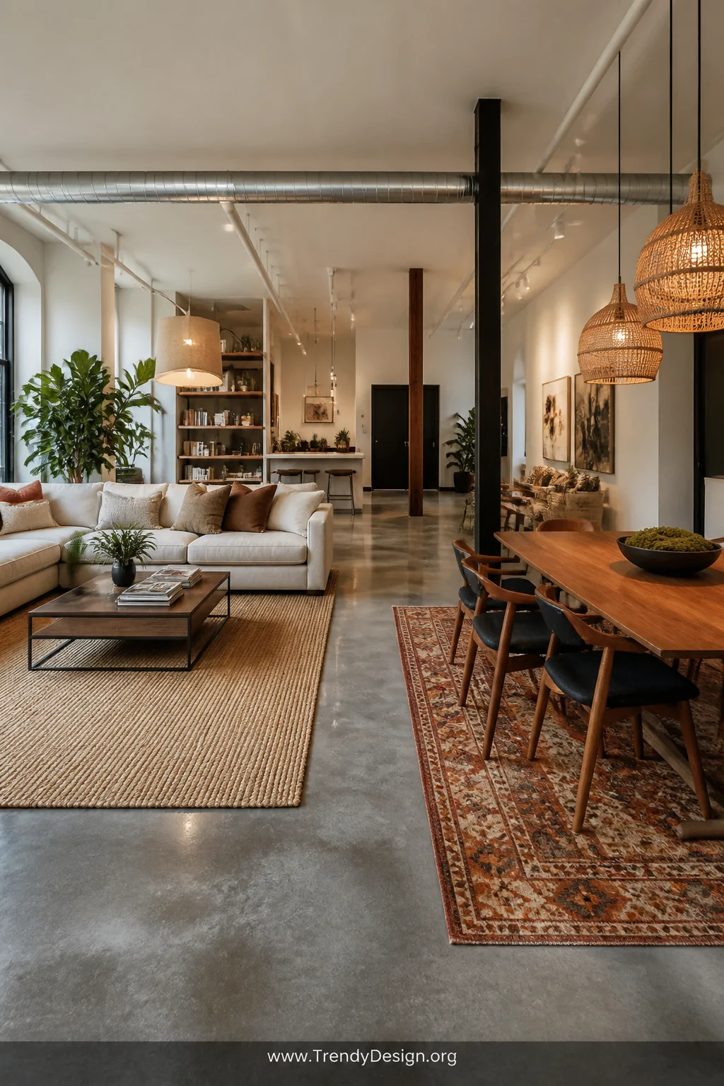 Wide-angle photorealistic shot of an open-plan loft living and dining area with a large neutral jute area rug anchoring a cre