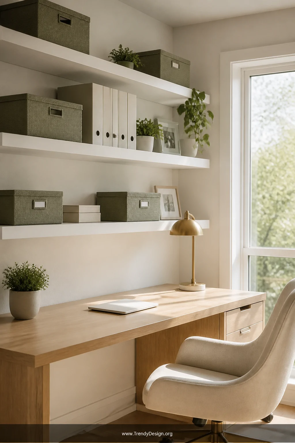 Wide room shot of a bright minimalist home office featuring white wall-mounted floating shelves at eye level displaying neatl