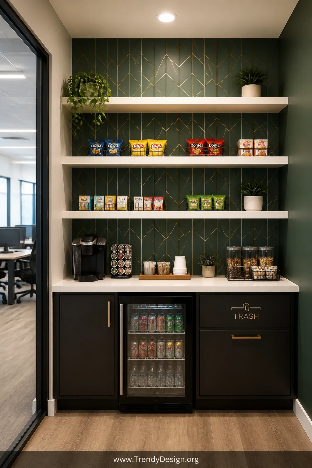 Wide-angle photorealistic interior shot of a compact office pantry featuring a deep emerald green matte accent wall adorned w