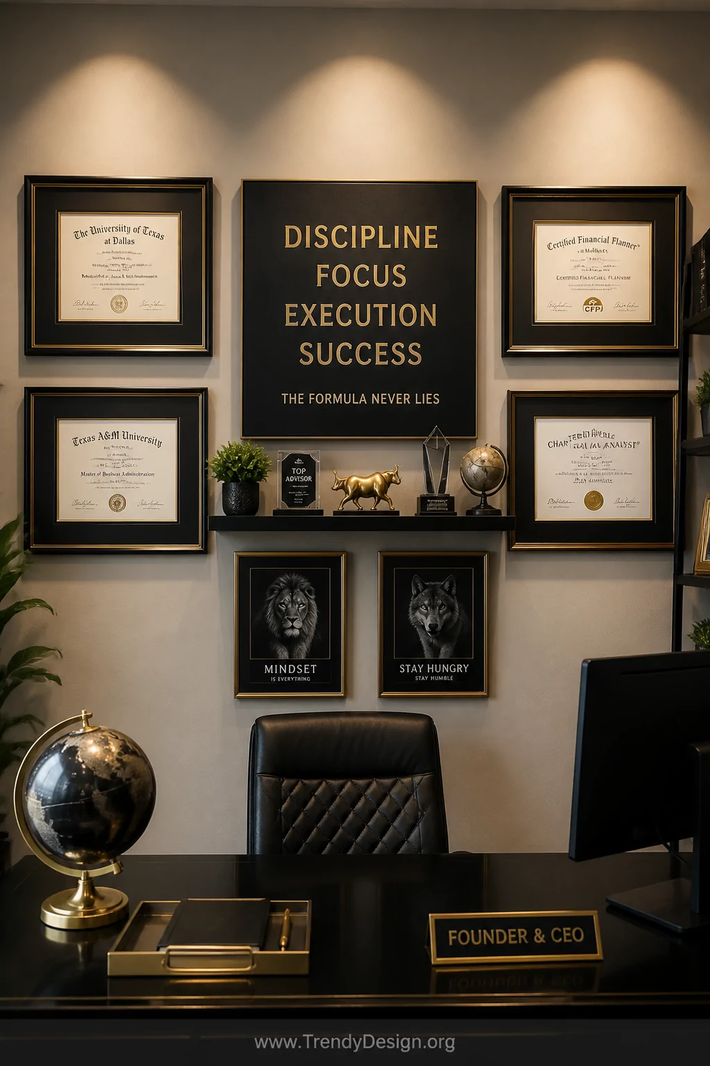 Wide-angle photorealistic shot of a sophisticated home office power wall featuring a gallery arrangement of matching black an