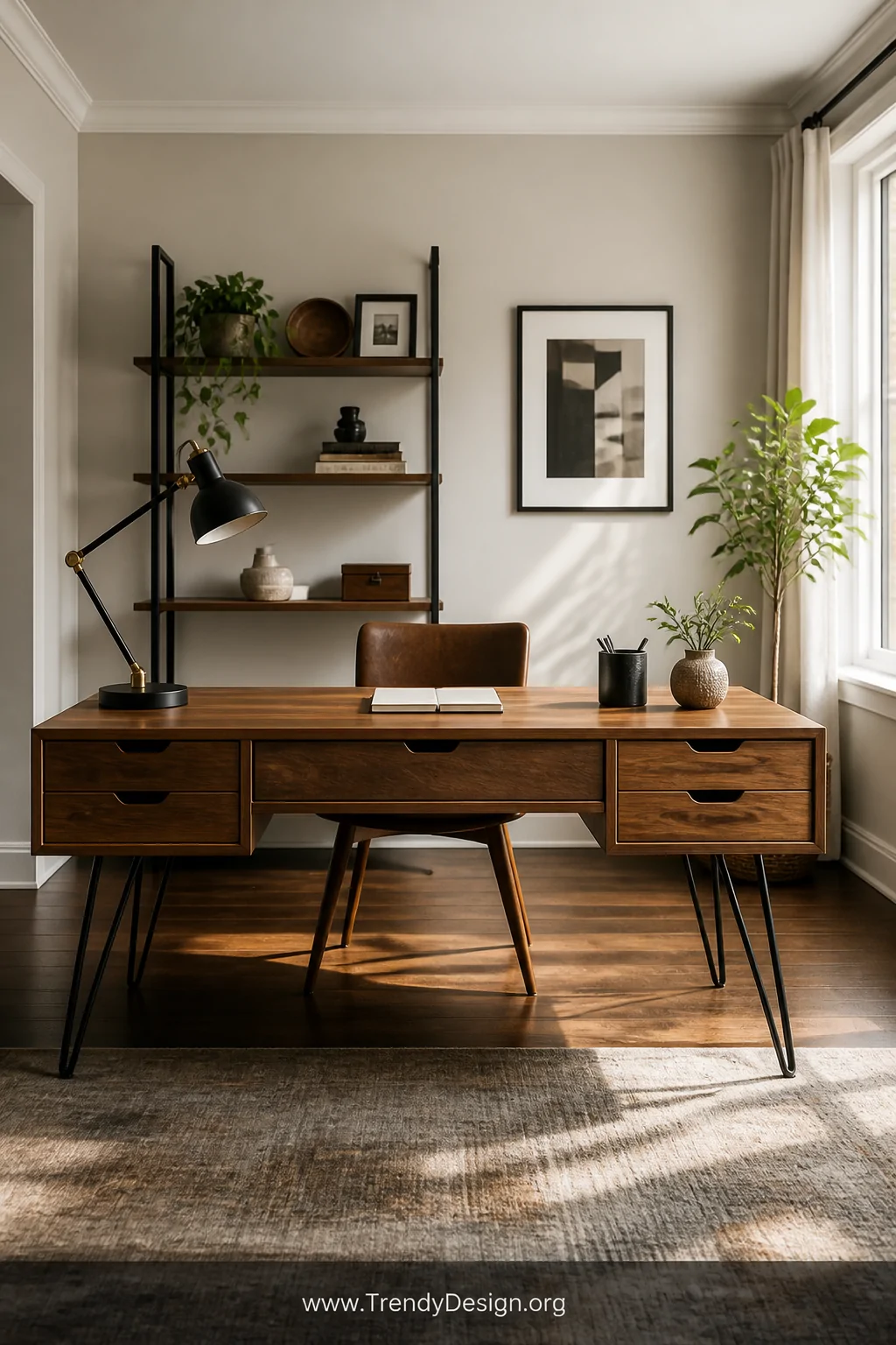 Wide room shot of a sophisticated home office centered on a mid-century modern walnut desk with hairpin legs and built-in dra