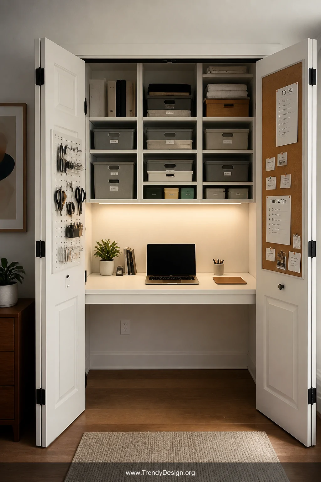 A converted reach-in closet transformed into a compact home office, bifold doors open wide to reveal a white floating desk mo