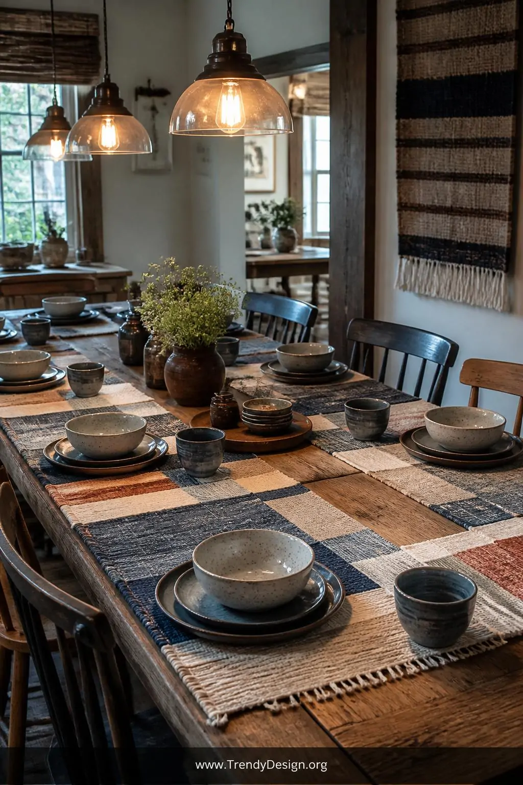 Wide shot of a rustic farmhouse dining table styled with handwoven cotton and denim fabric strip placemats in alternating ind