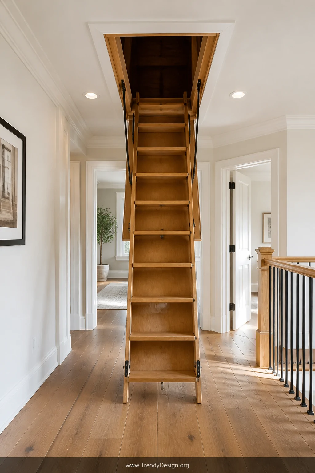 Wide-angle photorealistic interior shot of a bright hallway ceiling featuring a retractable oak attic ladder in the open posi