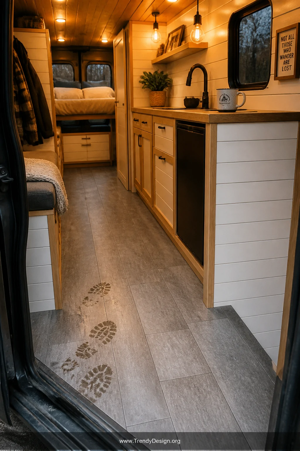 A wide-shot photorealistic interior of a modern camper van conversion featuring thin 4mm luxury vinyl plank flooring in a sle