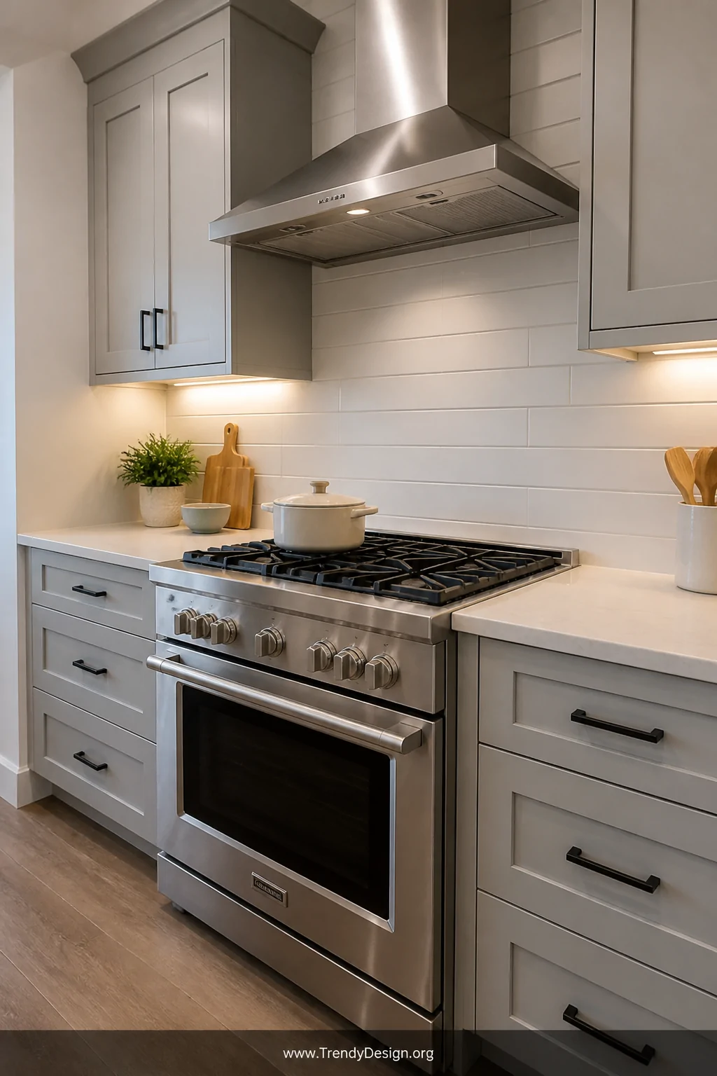 Wide shot of a bright small kitchen with crisp white peel and stick matte subway tile backsplash running horizontally behind 