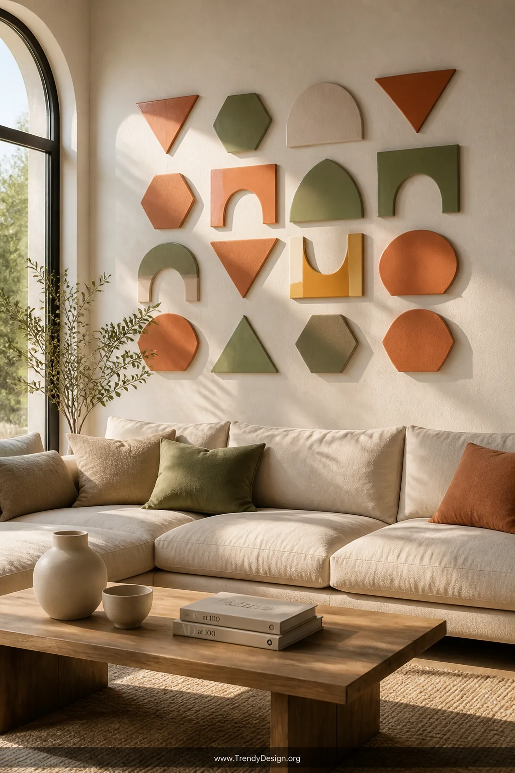 Wide room shot of a sun-drenched Scandinavian living room featuring a gallery wall of flat polymer clay geometric tiles in te