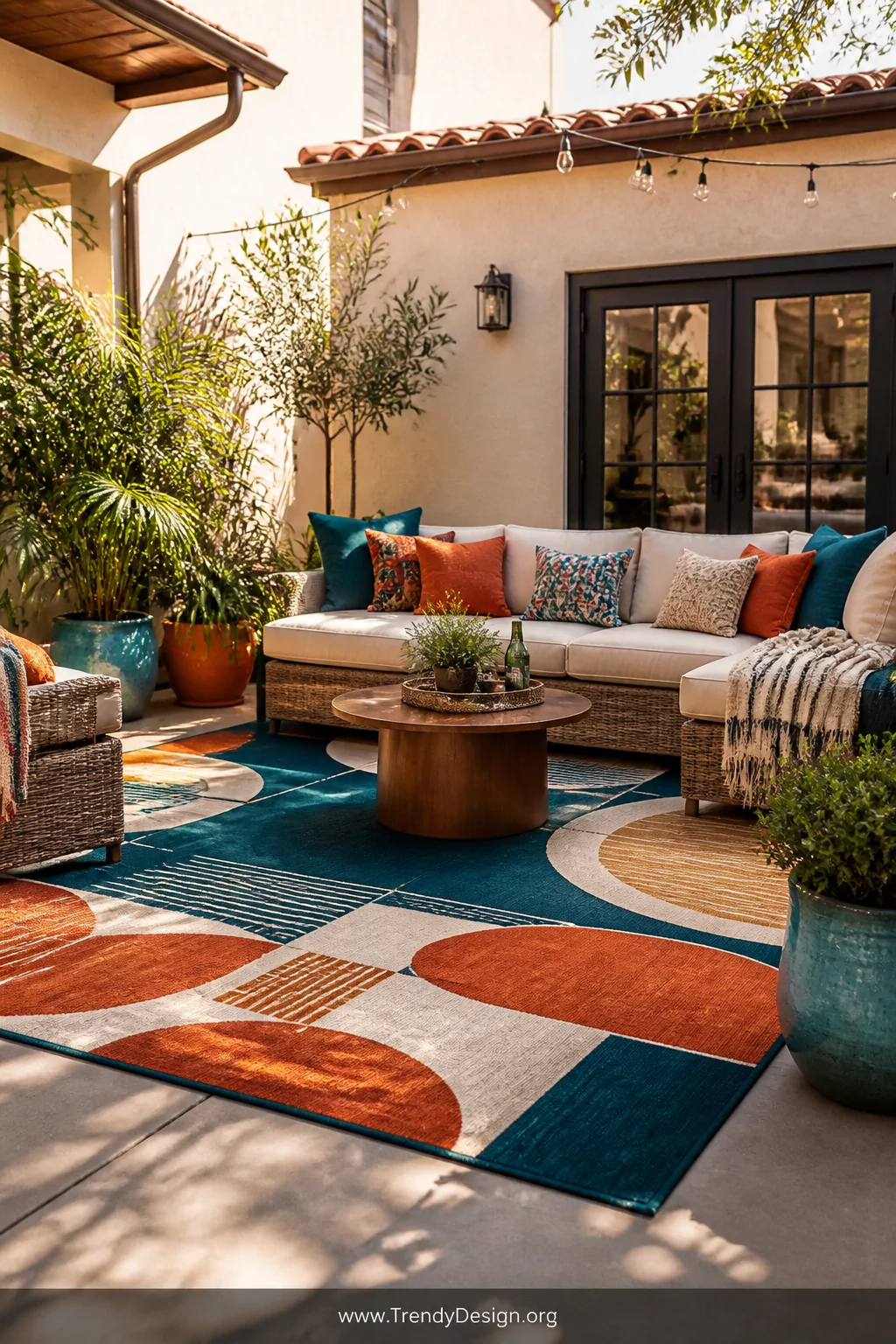 Wide shot of a sun-drenched concrete patio transformed by an oversized bold geometric outdoor rug in deep teal, burnt orange,