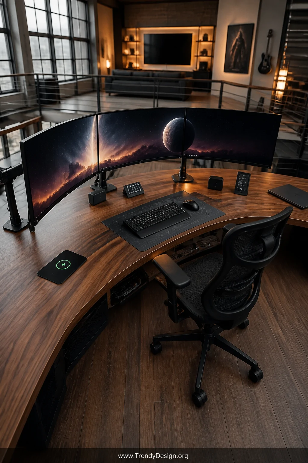 Wide-angle photorealistic interior shot of a sleek gaming loft centered on a large curved walnut-finish desk wrapping around 
