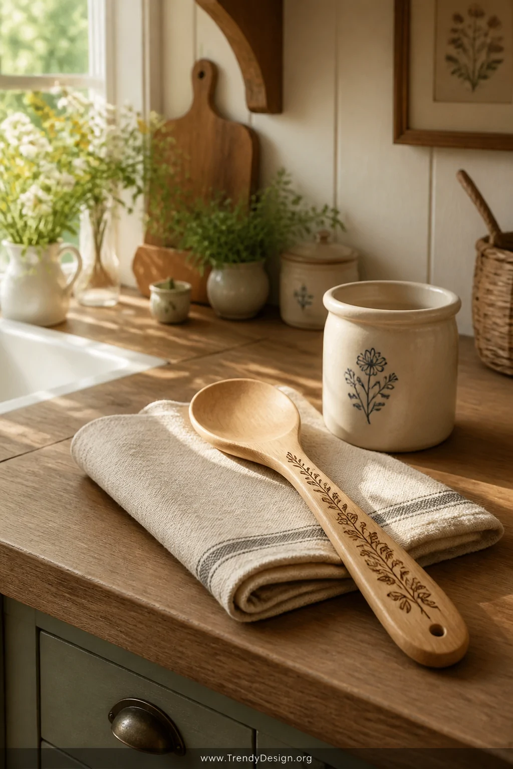 A sunlit cottagecore kitchen countertop styled with a single wooden spoon featuring a delicately burned floral wreath of tiny