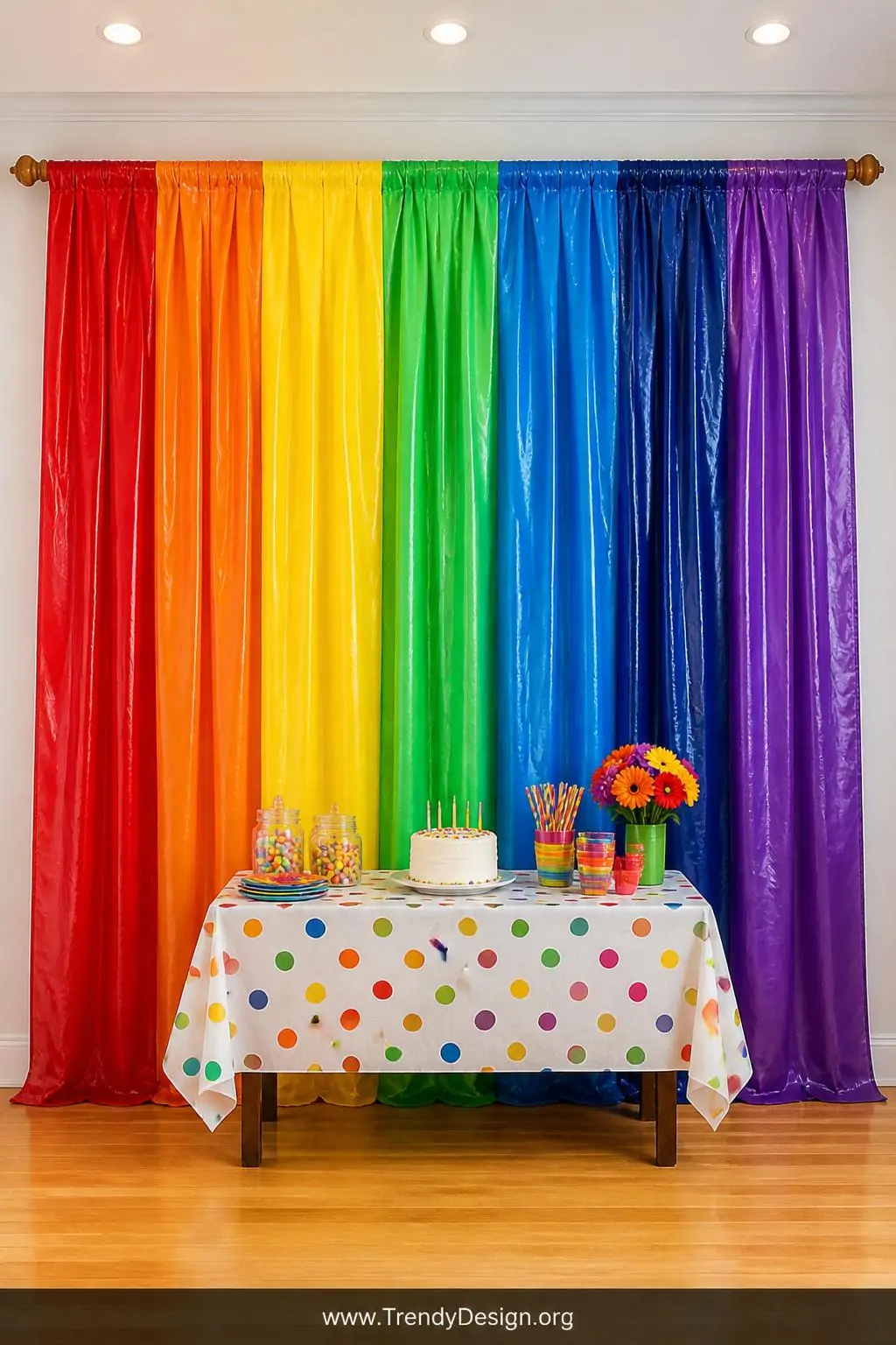 A wide-shot photorealistic interior design scene of a vibrant rainbow curtain backdrop made from seven seamlessly arranged pl