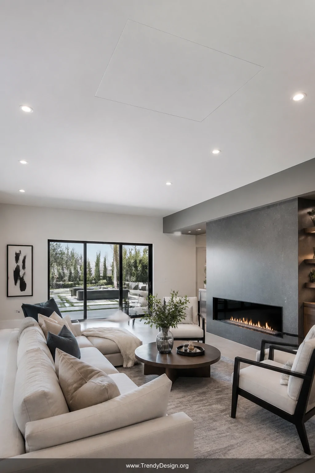 Wide-angle photorealistic interior shot of a sleek modern minimalist living room with a perfectly flush ceiling attic access 