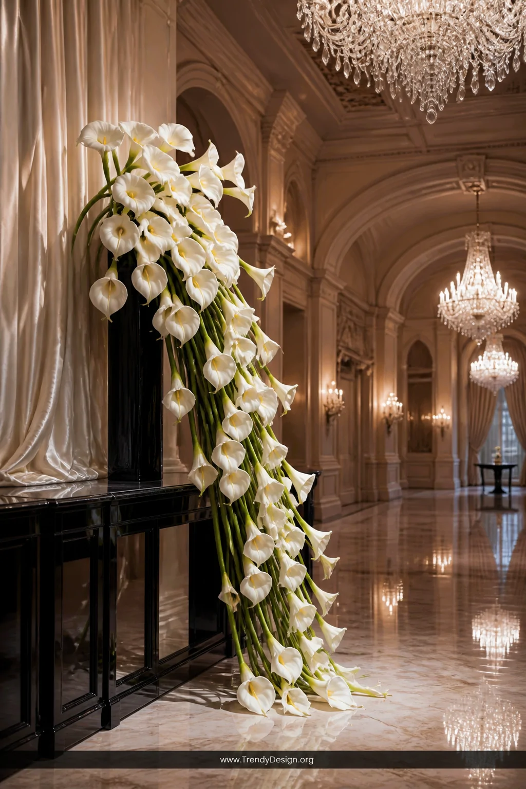A dramatic cascade bouquet of large pure white calla lilies with varying stem lengths arranged in a waterfall formation, disp