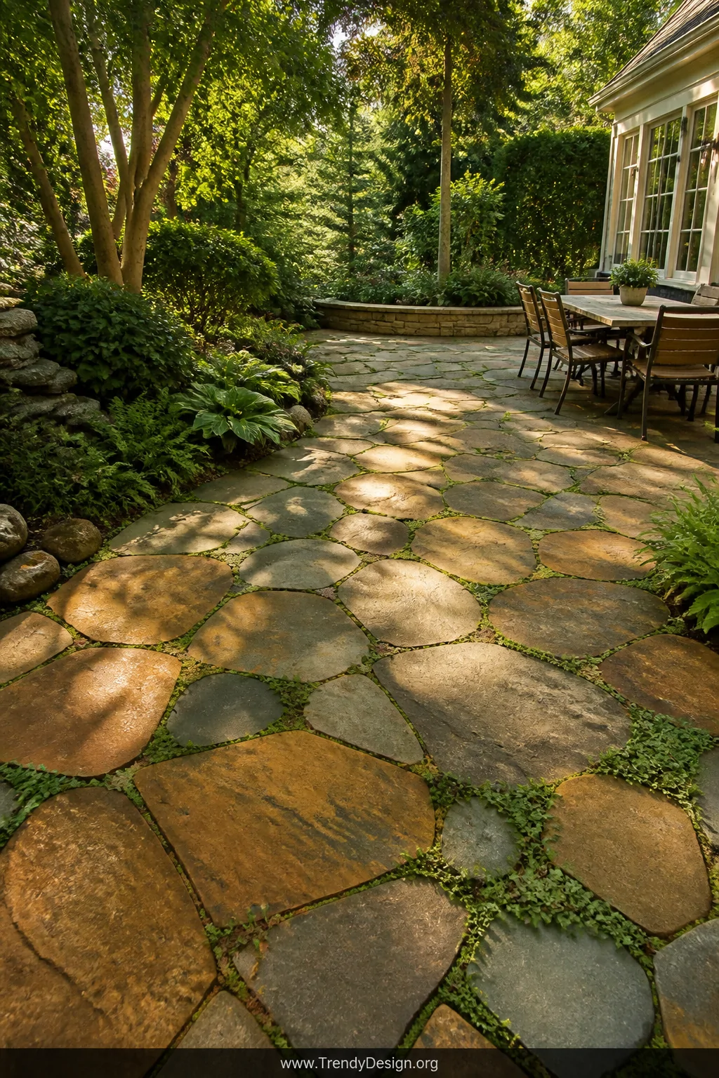 A wide-angle photorealistic shot of an irregular flagstone mosaic patio nestled in a lush backyard, warm honey-brown and slat