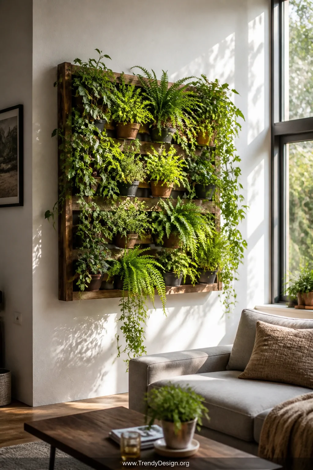 A lush vertical living wall panel mounted on a warm white plaster wall, densely layered with cascading ivy, soft green ferns,
