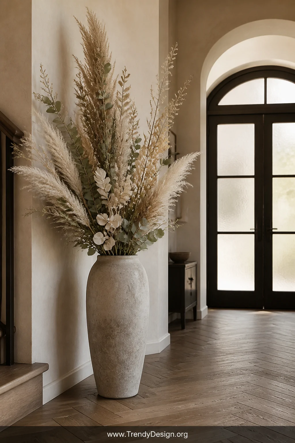Wide shot of a dramatic entryway featuring a tall neutral-toned ceramic floor vase holding an abundant arrangement of faux eu