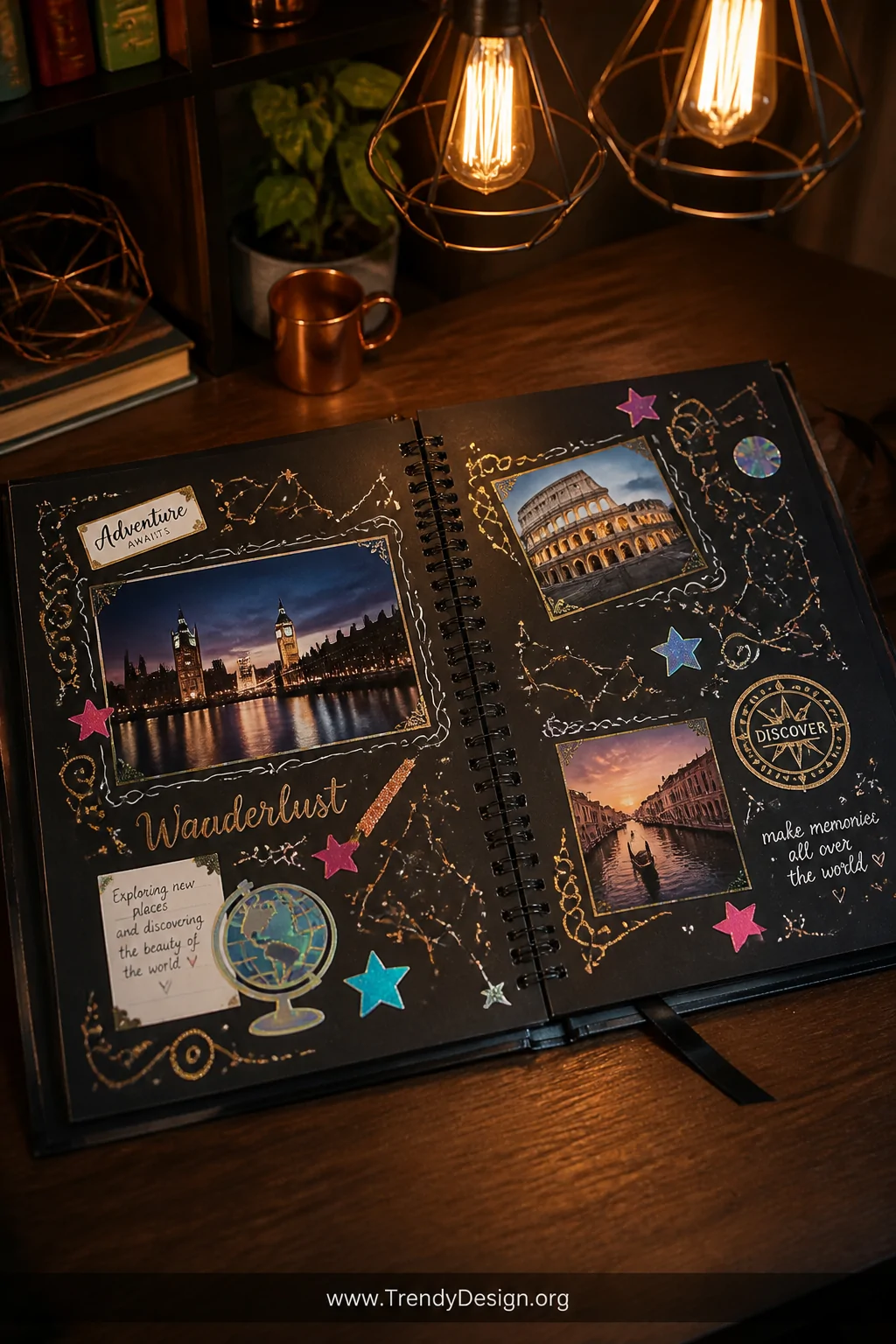 A wide-shot photorealistic interior design flat-lay of an open black scrapbook spread on a dark walnut desk, illuminated by w