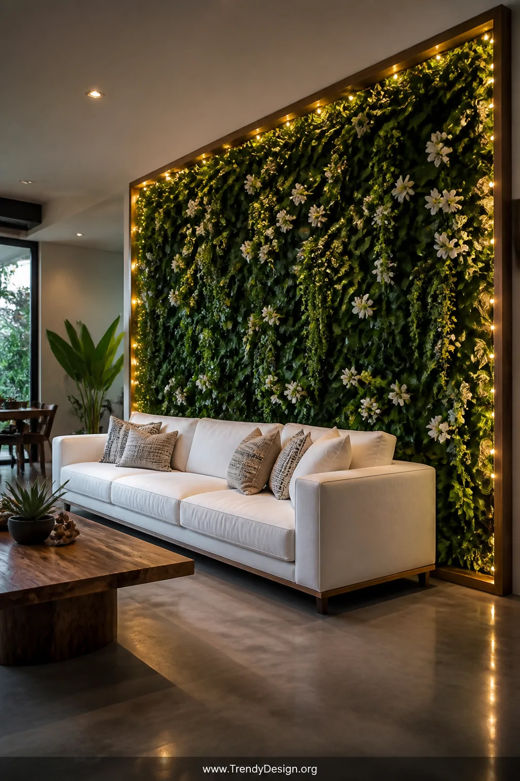 A photorealistic wide-angle shot of a dramatic living room accent wall covered in a lush faux greenery panel, densely layered
