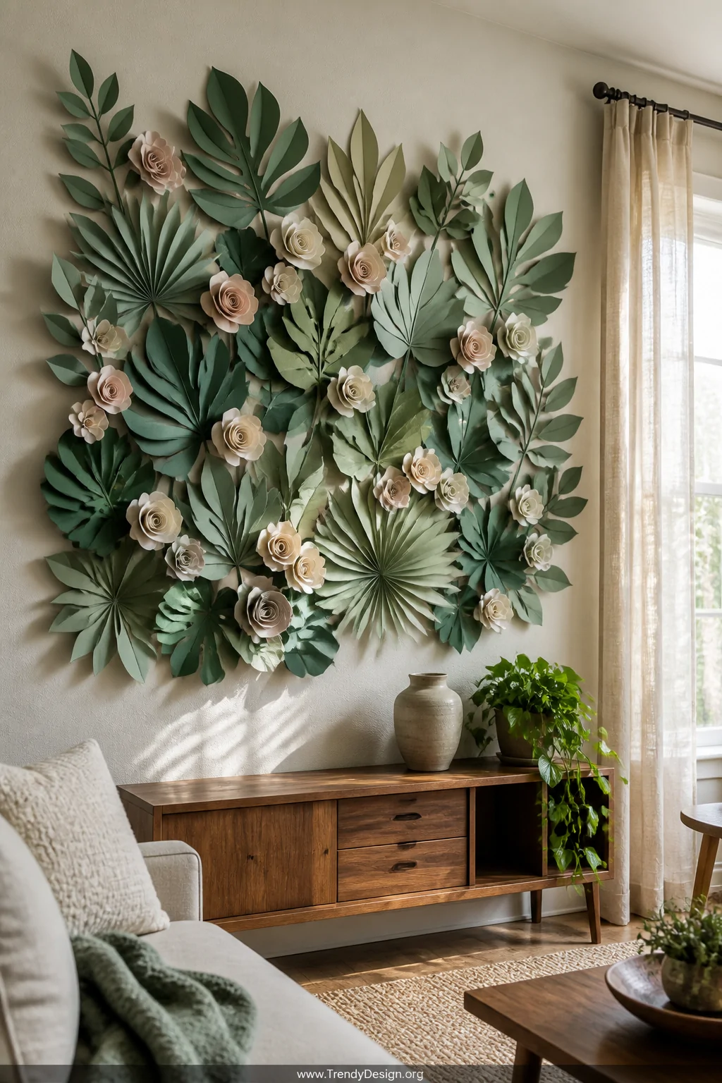 Wide shot of a living room accent wall featuring a stunning 3D botanical garden display mounted on warm white plaster, with d