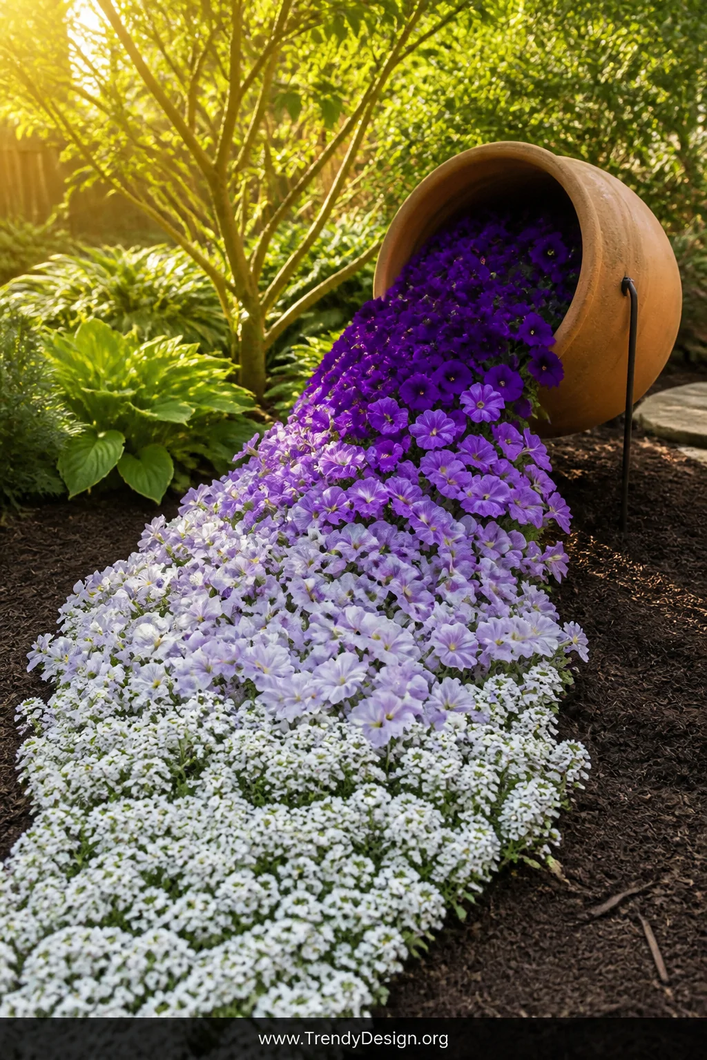 A photorealistic wide shot of a sun-drenched garden path where a weathered terracotta pot lies tipped on its side secured by 