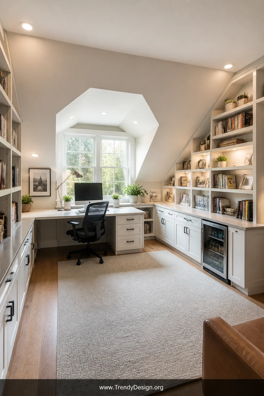 Wide-angle photorealistic interior shot of a bright attic home office with a dormer window flooding natural light onto a clea