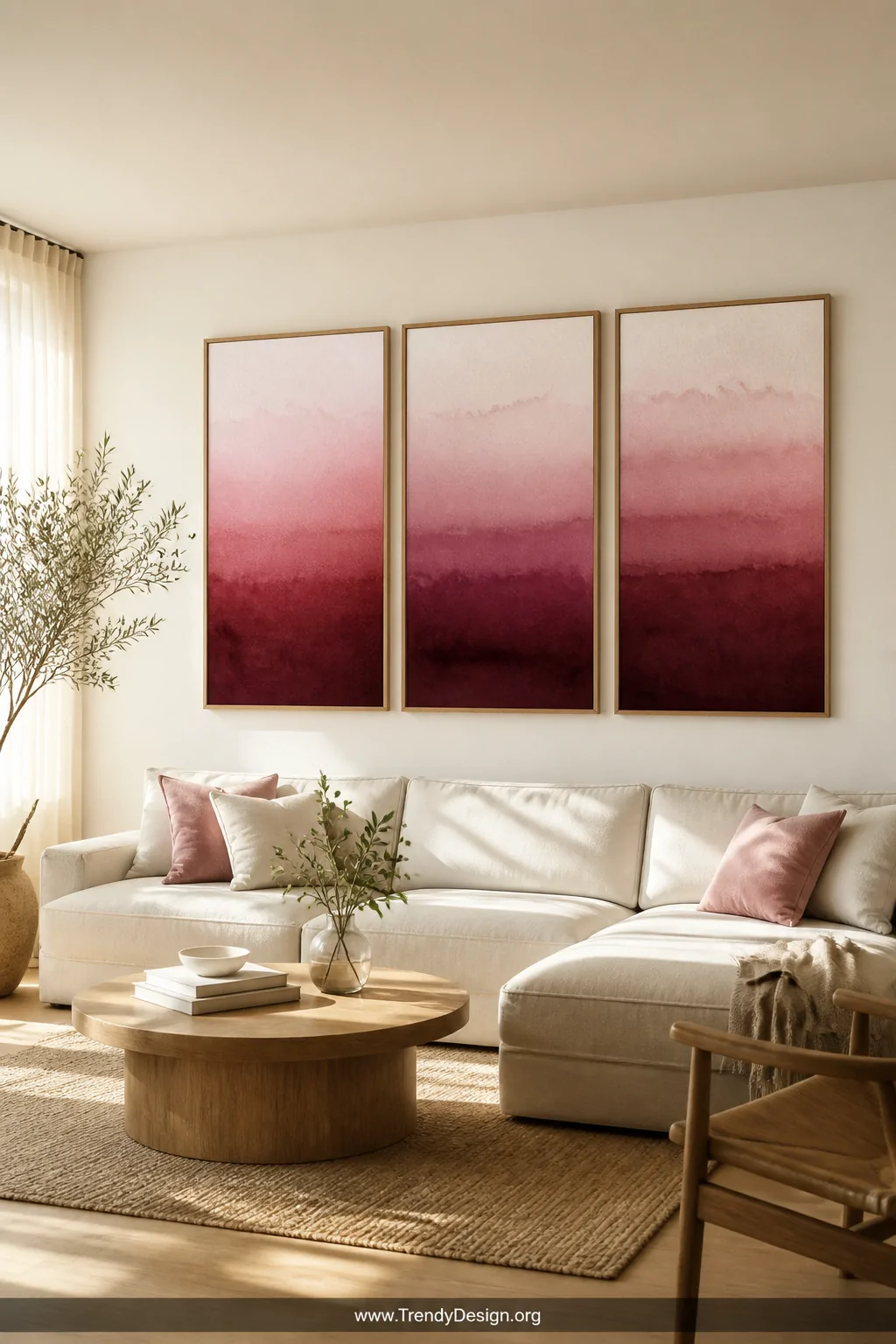 Wide shot of a sunlit Scandinavian living room featuring three large framed watercolor ombre panels hanging in a horizontal t