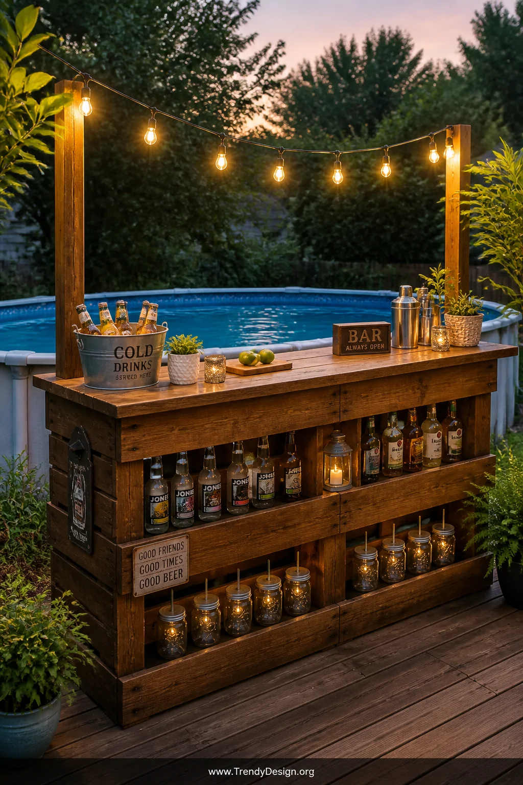 A rustic poolside pallet bar built from three stacked weatherproofed wooden pallets with rich honey-brown stain, open lower s