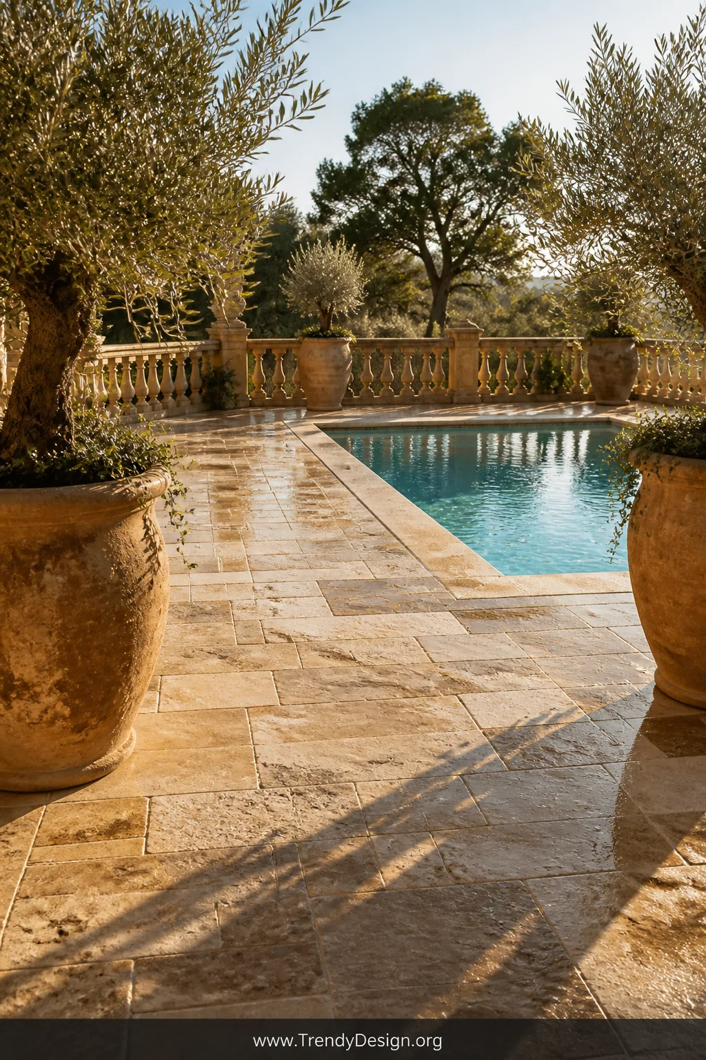 Wide-angle photorealistic shot of a sun-drenched Mediterranean backyard pool surround paved in tumbled travertine in warm ivo