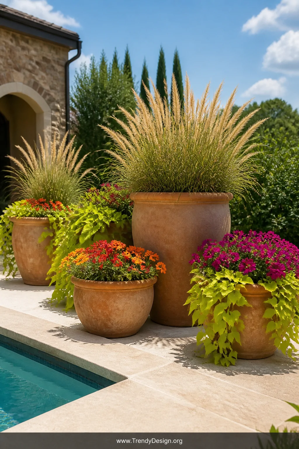 Wide-angle photorealistic shot of a sun-drenched pool corner where clusters of warm terracotta pots in groups of three and fi
